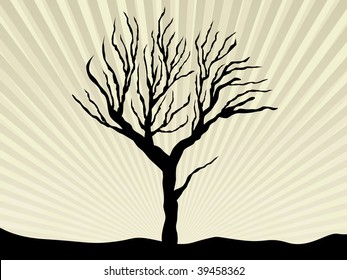 abstract rays background with black dead tree, illustration
