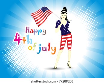 abstract rays background with girl holding flag, vector for 4 july