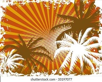 abstract rays background with grungy border and palm tree