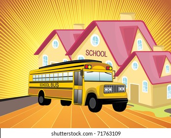 abstract rays background with school, school bus illustration