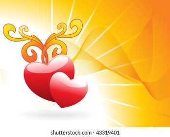 abstract rays background with wave, set of heart and floral