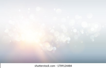 Abstract rays with bokeh over blue sky. Glitter defocused lights. Sparkle bokeh background. Vector illustration.