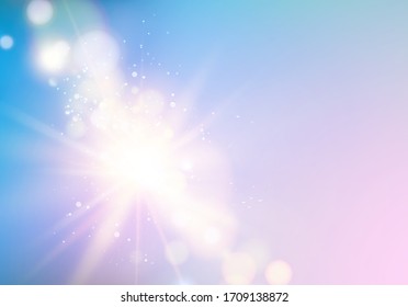 Abstract rays with bokeh over blue sky. Glitter defocused lights. Sparkle bokeh background. Vector illustration.
