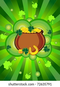 abstract rays, clover background with golden coins earthenware, horseshoe