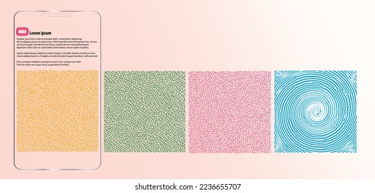 Abstraktes Reaktionsbiologie Diffusionsmuster 4 Varianten Stile und Farbdesign für die Bildschirmanzeige. Vektorgrafik.  
