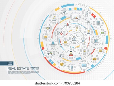Abstract real estate background. Digital connect system with integrated circles, color flat icons. Radial design interface. Apartment rent, property sale concept. Vector infographic illustration