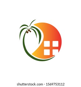 abstract Real Estate logo template with home and palm tree on seaside. Vector logo design template. Concept for travel agency, tropical resort, beach hotel, spa.