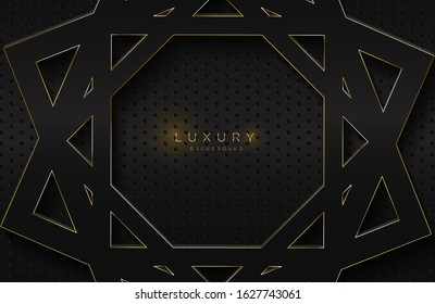 Abstract Realistic 3d background with glossy gold geometric shape. Vector geometric illustration on black surface. Graphic design element. Luxurious Elegant template