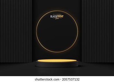 Abstract realistic 3D black cylinder pedestal podium with dark vertical rectangle and golden ring. Luxury black friday sale scene for product display presentation. Vector geometric rendering platform.