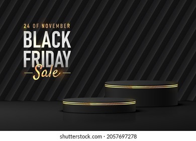 Abstract realistic 3D black cylinder pedestal podium set with oblique dark rectangle background. Luxury black friday sale scene for product display presentation. Vector geometric rendering platform.