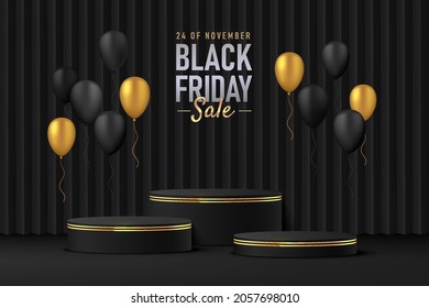 Abstract realistic 3D black cylinder pedestal podium set with black and golden balloons flying. Luxury black friday sale scene for product display presentation. Vector geometric rendering platform.