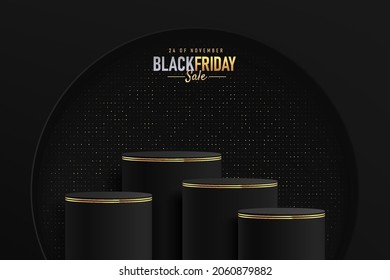 Abstract realistic 3D black cylinder stand podium set with golden glitter in semi circle window. Luxury black friday sale scene for product display presentation. Vector geometric rendering platform.