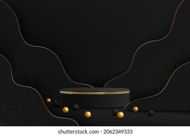 Abstract realistic 3D black cylinder pedestal podium with layers wavy shapes backdrop and glowing golden glitter. Luxury scene for product display presentation. Vector geometric rendering platform.