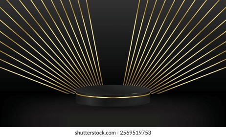 Abstract realistic 3D black cylinder pedestal podium with sunburst golden lines on dark background. Luxury black scene for product display presentation. Vector platform