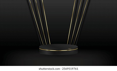 Abstract realistic 3D black cylinder pedestal podium with luxury dark background. Luxury black scene for product display presentation. Vector platform