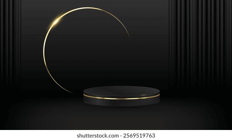 Abstract realistic 3D black cylinder pedestal podium with oblique dark curtains and golden lens flare background. Luxury black scene for product display presentation. Vector platform