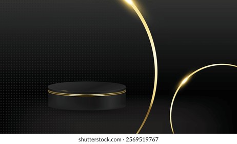 Abstract realistic 3D black cylinder pedestal podium golden curved oblique dark background. Luxury black scene for product display presentation. Vector platform