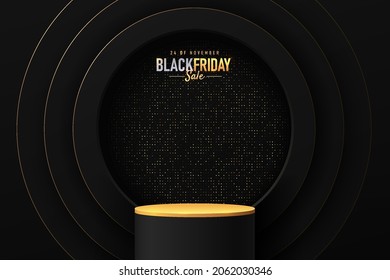 Abstract realistic 3D black and gold cylinder stand podium with golden glitter in circle window. Luxury black friday sale scene for product display presentation. Vector geometric rendering platform.