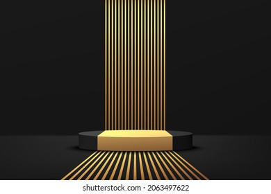 Abstract Realistic 3D Black And Gold Cylinder Pedestal Podium With Golden Perspective Stripes. Luxury Black Minimal Wall Scene For Product Display Presentation. Vector Geometric Rendering Platform.