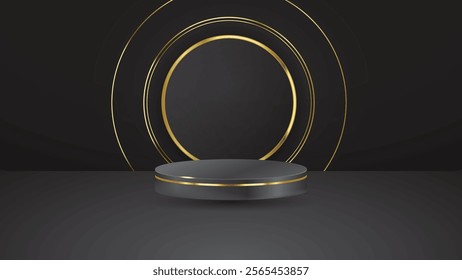 Abstract realistic 3D black and gold cylinder pedestal podium with golden glitter in circle window. Luxury black mimimal scene for product display presentation