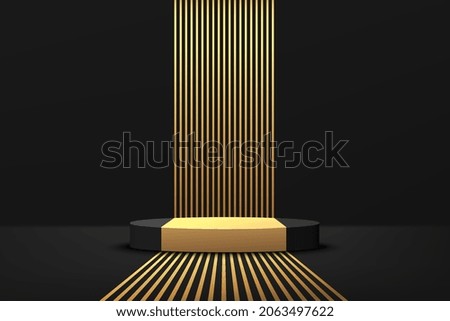 Abstract realistic 3D black and gold cylinder pedestal podium with golden perspective stripes. Luxury black minimal wall scene for product display presentation. Vector geometric rendering platform.