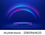 Abstract realistic 3d blue cylinder pedestal podium with Sci-fi dark blue abstract room with semi circle glowing neon lighting scene. Vector rendering product display presentation. Futuristic scene.