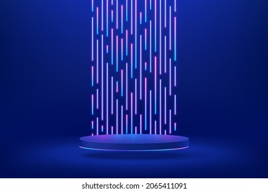 Abstract realistic 3d blue cylinder pedestal podium. Sci-fi dark blue abstract room concept with speed vertical glowing neon lighting. Vector rendering product display presentation. Futuristic scene.