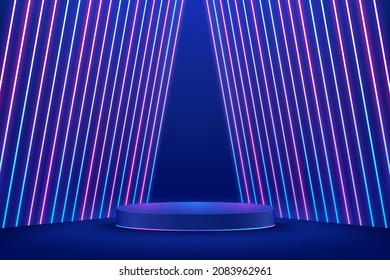 Abstract realistic 3d blue cylinder pedestal podium with Sci-fi dark blue abstract room with perspective vertical glowing neon lighting. Vector rendering product display presentation. Futuristic scene