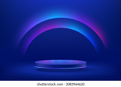 Abstract realistic 3d blue cylinder pedestal podium with Sci-fi dark blue abstract room with semi circle glowing neon lighting scene. Vector rendering product display presentation. Futuristic scene. - Shutterstock ID 2083964620