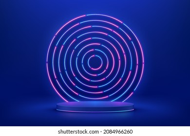 Abstract realistic 3d blue cylinder pedestal podium with Sci-fi dark blue abstract room with radial circles glowing neon lighting. Vector rendering product display presentation. Futuristic scene.