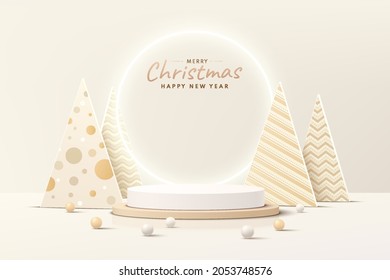 Abstract realistic 3D brown, gold cylinder pedestal podium with Luxury christmas tree and ball. Merry christmas and happy new year scene for product display presentation. Vector rendering platform.