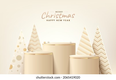 Resumen realistas Cilindro 3D marrón y oro estreno podio con árbol de navidad. Feliz navidad y feliz escena de año nuevo para presentación de productos. Plataforma de representación de vectores. Mostrar escenario