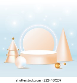 Abstract realistic 3D brown, gold cylinder pedestal podium with Luxury christmas tree and ball. Merry christmas and happy new year scene for product display presentation. Vector