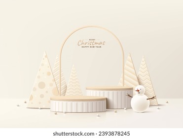 Abstract realistic 3D brown, gold cylinder podium with Luxury christmas tree, Snowman and beads ball. Merry christmas happy new year background product display presentation. Vector rendering platform.