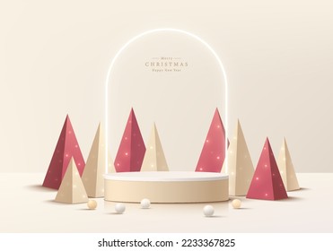 Abstract realistic 3D cream gold, red cylinder pedestal podium with Luxury christmas tree and ball. Merry christmas and happy new year scene product display presentation. Vector rendering platform.