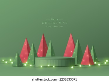 Abstract realistic 3D cylinder pedestal podium, Neon bulb on red and green christmas tree in pyramid shape. Minimal wall scene mockup product display. Merry christmas new year vector stage concept. 