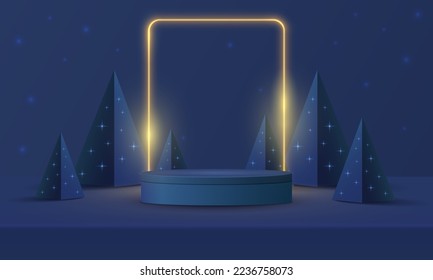 Abstract realistic 3D cylinder pedestal podium, square neon lighting background. Red, green pyramid christmas tree. Minimal wall scene mockup product display. Merry christmas and happy new year stage.