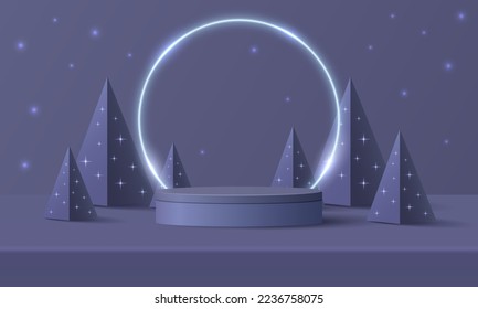 Abstract realistic 3D cylinder pedestal podium, Circle neon lighting background. Red, green pyramid christmas tree. Minimal wall scene mockup product display. Merry christmas and happy new year stage.