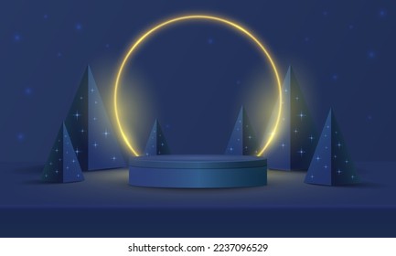 Abstract realistic 3D cylinder pedestal podium, Circle neon lighting background. Red, green pyramid christmas tree. Minimal wall scene mockup product display. Merry christmas and happy new year stage.