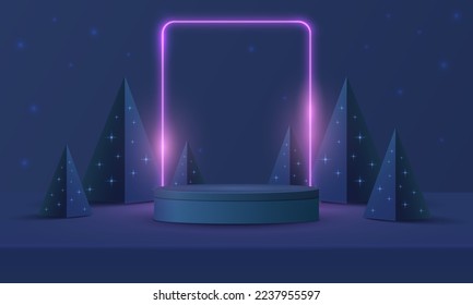 Abstract realistic 3D cylinder pedestal podium, square neon lighting background. Red, green pyramid christmas tree. Minimal wall scene mockup product display. Merry christmas and happy new year stage.