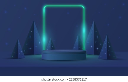 Abstract realistic 3D cylinder pedestal podium, square neon lighting background. Red, green pyramid christmas tree. Minimal wall scene mockup product display. Merry christmas and happy new year stage.