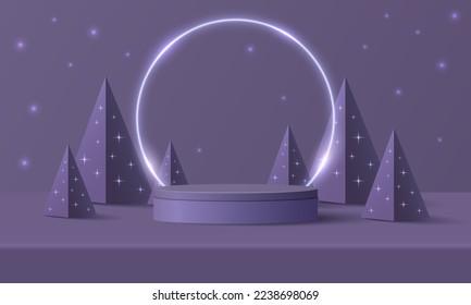 Abstract realistic 3D cylinder pedestal podium, Circle neon lighting background. Red, green pyramid christmas tree. Minimal wall scene mockup product display. Merry christmas and happy new year stage.