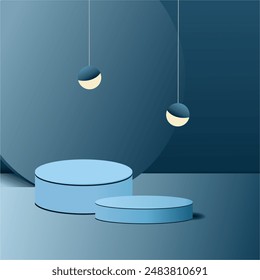 Abstract realistic 3D cylindrical pedestal or podium with glowing round neon lights. Dark blue minimal scene for product display presentation. Vector rendering geometric platform design.