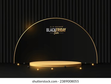 Abstract realistic 3D golden cylinder podium pedestal with black semi-circle backdrop. Luxury black friday sale scene for product display presentation. Vector geometric rendering platform design.
