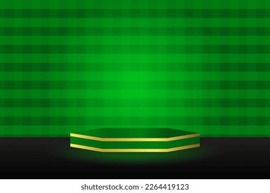 Abstract Realistic 3D green hexagonal pedestal or podium. Green minimal product demonstration stage on checkered background. Vector rendering of the geometric platform design