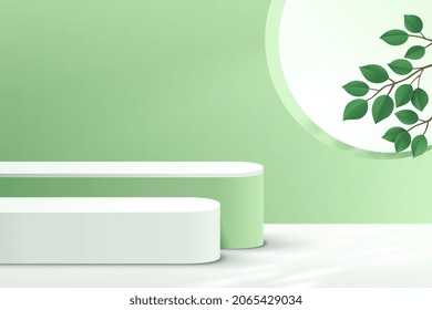 Resumen de podio peatonal verde 3D realista con hoja verde en la ventana circular. Escena mínima de color verde pastel para presentación de productos. Plataforma de representación geométrica vectorial. Escenario para el escaparate.