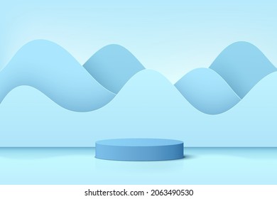 Abstract realistic 3D light blue cylinder pedestal podium with layers wavy shape background. Pastel blue minimal scene for product display presentation. Vector geometric rendering platform design.