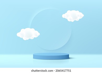 Abstract realistic 3D light blue cylinder pedestal podium with cloud flying and circle backdrop. Pastel blue minimal scene for product display presentation. Vector platform rendering. Stage showcase.