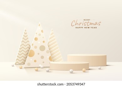 Abstract realistic 3D light brown cylinder pedestal podium set with Luxury christmas tree and ball. Merry christmas and happy new year scene for product display presentation. Vector rendering platform