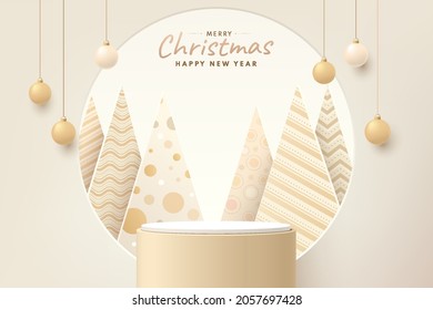 Abstract realistic 3D light brown cylinder pedestal podium with Luxury christmas tree in circle window. Merry christmas and happy new year scene for product presentation. Vector rendering platform.